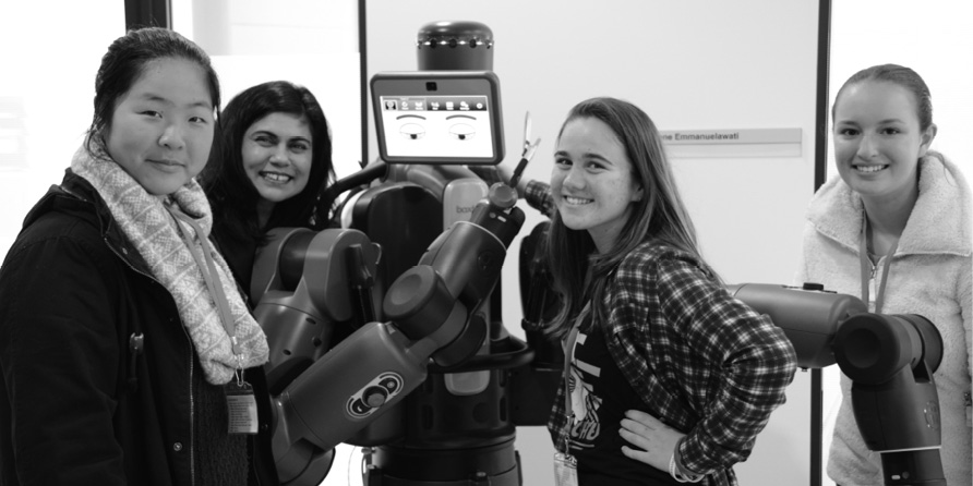 Baxter the robot with Professor Veena Sahajwalla and Year 9 students at The University of New South Wales