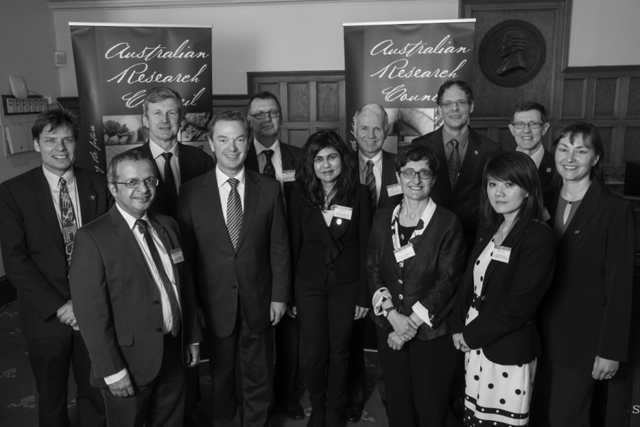 The Hon Christopher Pyne MP and ARC CEO with the 2014 Australian Laureate Fellows.