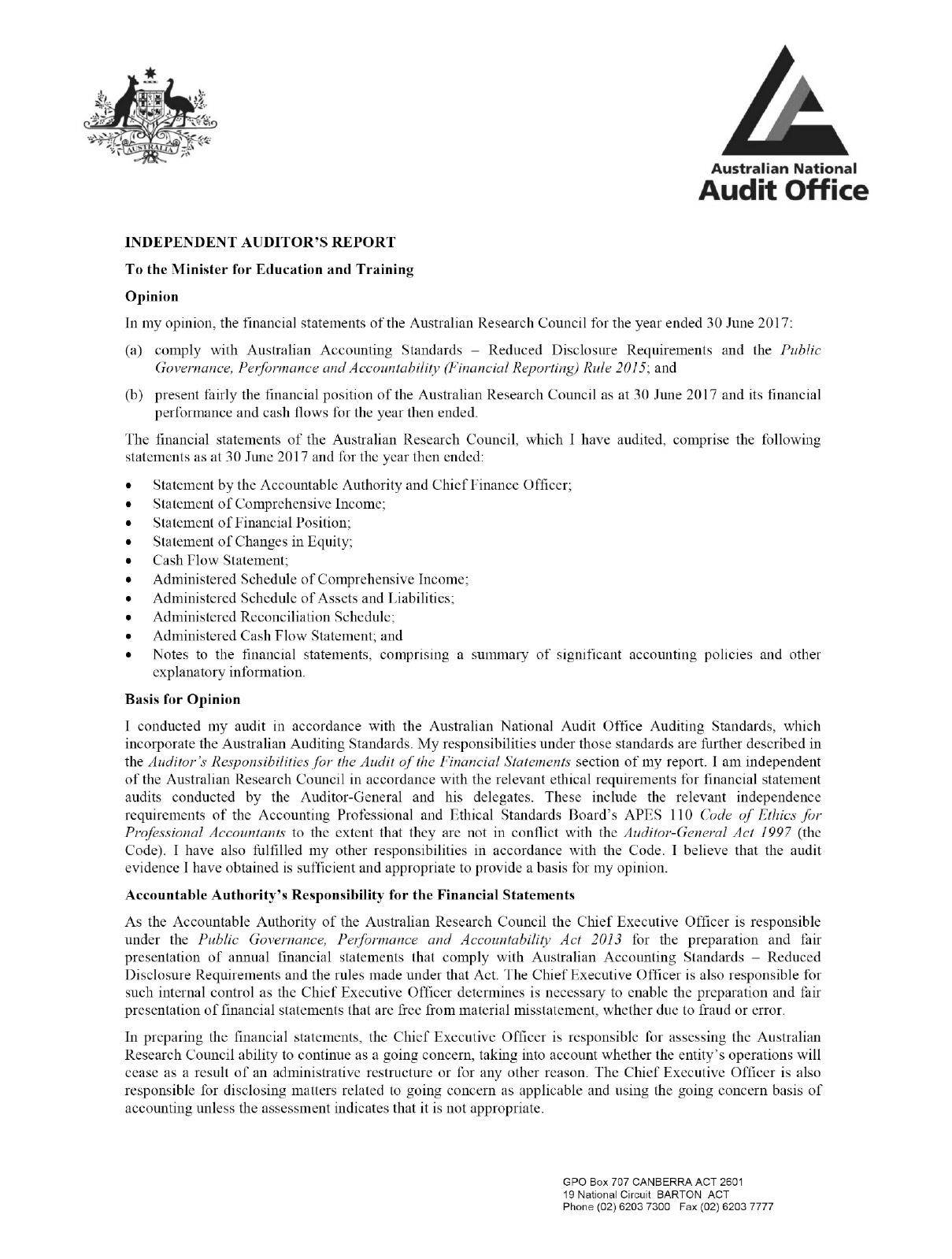 A report from the Delegate of the Auditor General, Jocelyn Ashford, to the Minister for Education and Training dated 6 September 2017. 
The report details the Delegate’s Opinion and Basis for Opinion, the Accountable Authority’s Responsibility for the Financial Statements, and the Auditor’s Responsibilities for the Audit of the Financial Statements.