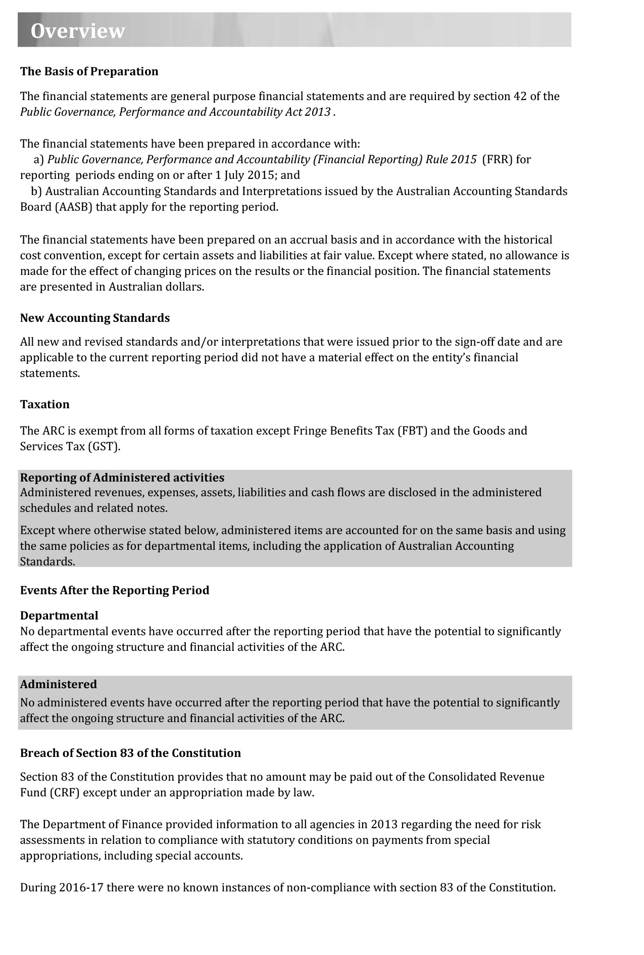 A scanned page of the Australian Research Council’s 2016-17 financial statements showing the Overview