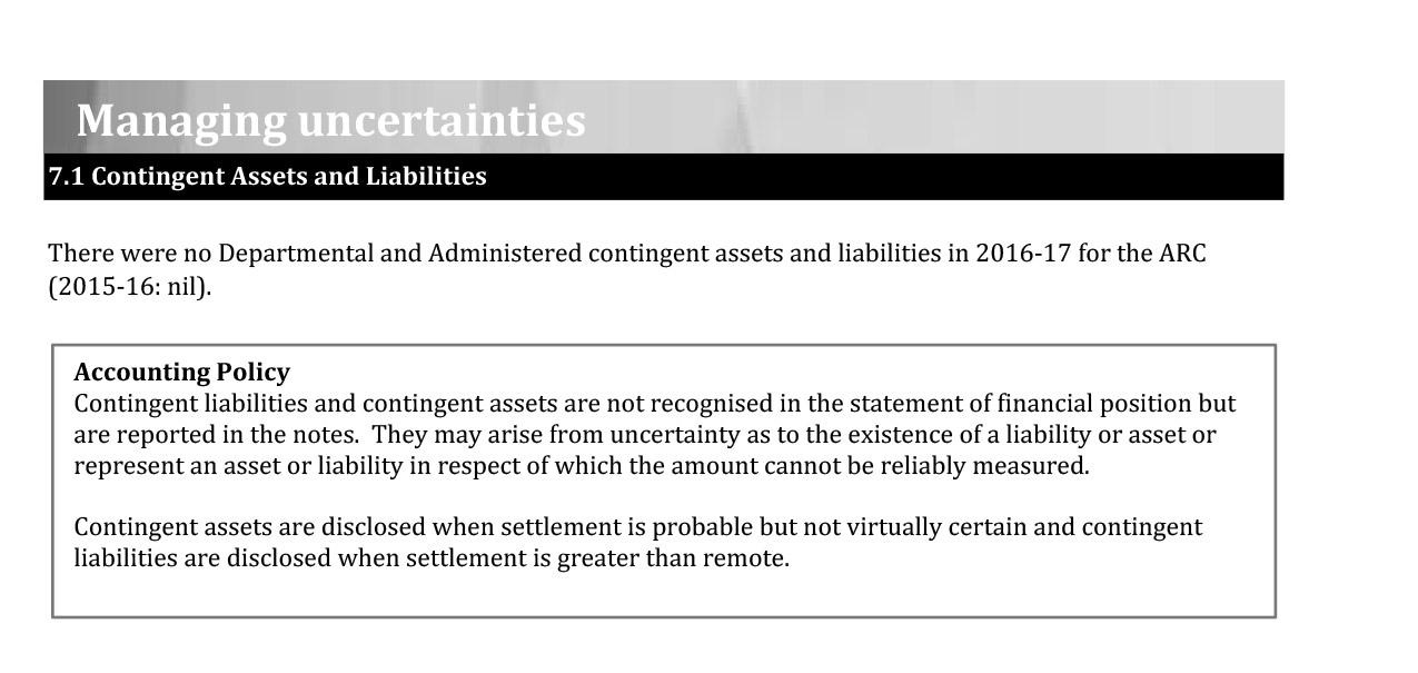 A scanned page of the Australian Research Council’s 2016-17 financial statements showing the Managing Uncertainties part 7.1 Contingent Assets and Liabilities