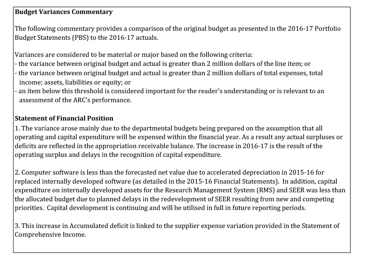 A scanned page of the Australian Research Council’s 2016-17 financial statements showing the Budget Variances Commentary of the Statement of Financial Position