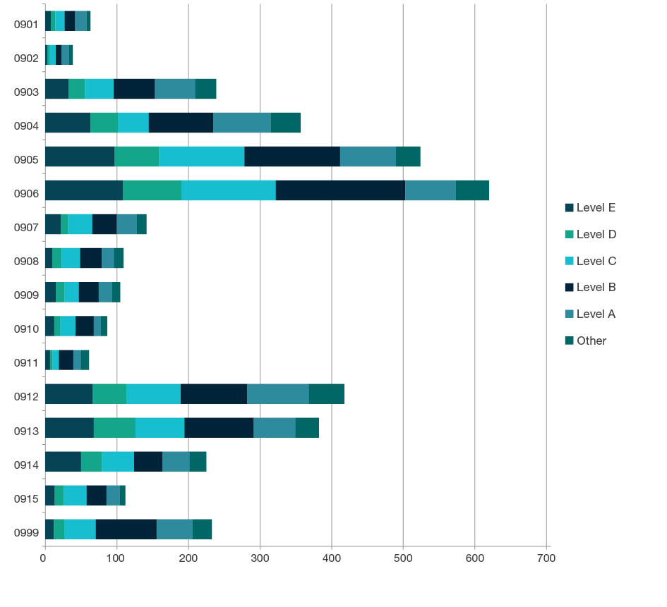 Stacked bar chart showing staffing profile by academic levels - Level E, Level D, Level C, Level B, Level A, and Other, for each four-digit code in Engineering - 0901, 0902, 0903, 0904, 0905, 0906,0907, 0908, 0909, 0910, 0911, 0912, 0913, 0914, 0915 and 0999. Full details are outlined in the following table.