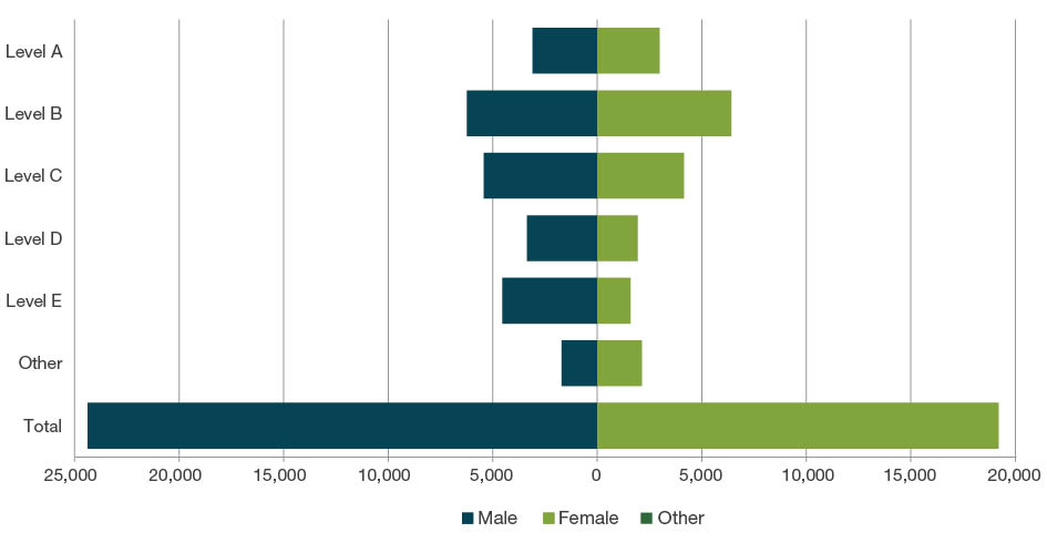 Pyramid bar chart displaying the total number of submitted Full Time Equivalent (FTE) staff by gender by employment level. Level B had the highest number of male and female FTE staff (over 6,200 of each males and females) while level C had the next highest number of male and female FTE staff (over 5,400 and 4,100 respectively).