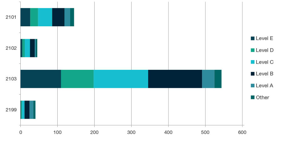 Stacked bar chart showing staffing profile by academic levels - Level E, Level D, Level C, Level B, Level A, and Other, for each four-digit code in History and Archaeology - 2101, 2102, 2103 and 2199. Full details are outlined in the following table.