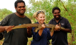 Dr Georgia Ward-Fear, with brothers Herbert (left) and Wesley Alberts about to release 'Barney.’ Melissa Bruton. 