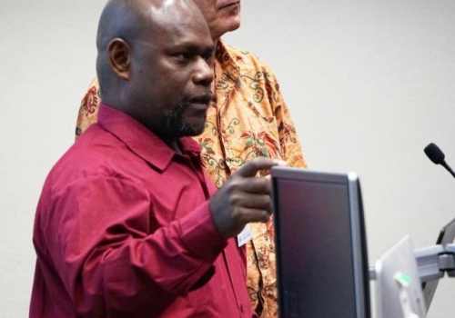 Director Nick Evans manages the lively Q&A session at the public lecture by Dr Alpheaus Graham Zobule, Founder and Executive Director of the Kulu Language Institute in the Solomon Islands, during CoEDL Summer School 2018.