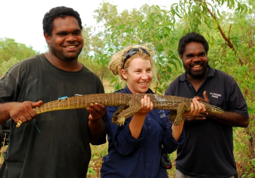 Dr Georgia Ward-Fear, with brothers Herbert (left) and Wesley Alberts about to release 'Barney.’ Melissa Bruton. 